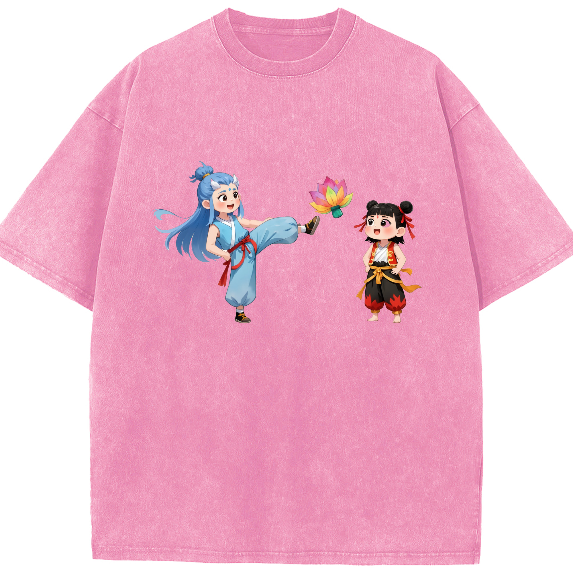 （画像用） Ne Zha 2 ナタ 魔童の大暴れ 綿100% ヴィンテージ風 半袖Tシャツ（フロントプリント）